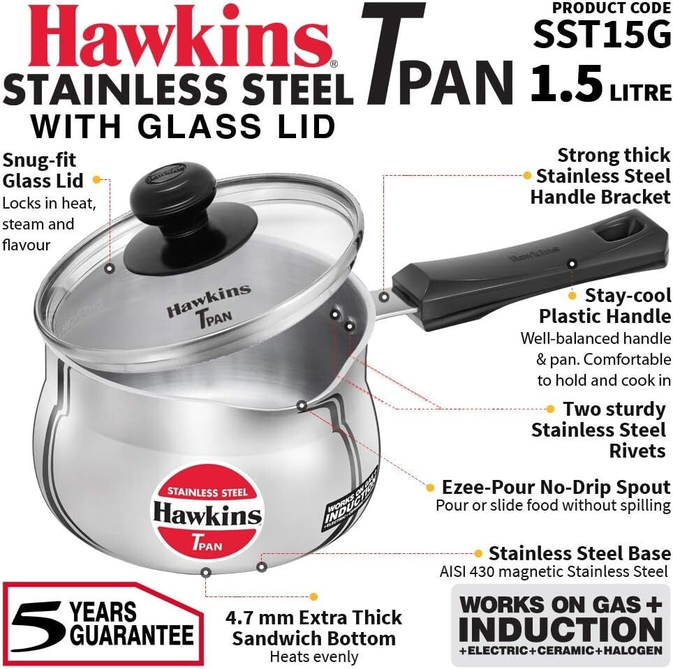 Hawkins Futura Steel Tea Pan with Glass Lid, 1.5 Litre Capactiy  Free Shipping